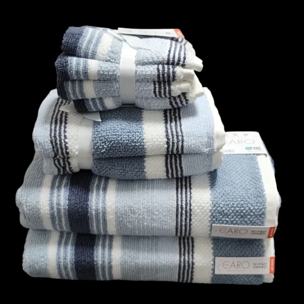 Caro Home 8pc Striped Soft Cotton Towel Set Blue And White 2 Bath 2 Hand 4 Tip